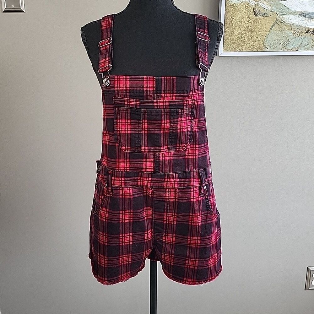 Hot Topic HT Denim Red Black Plaid Goth‎ Grunge Shortalls Womens Rock Sz M
